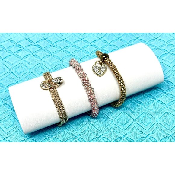 3 Handcrafted Bracelets With Rhinestone Accents In Gold & Pink Beaded Designs - Picture 1 of 8